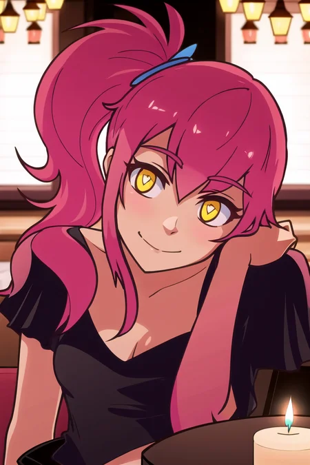 masterpiece, best quality,<lora:Sunny_of_Spades:0.7>,
Sunny of Spades, 1girl, solo, navel, midriff, gentle smile, ponytail, pink hair, food, (black dress, jewelry, ) , sitting seductively, restaurant, fancy restaurant, candlelight, chandelier, head tilt, head rest, looking at viewer, full body,
