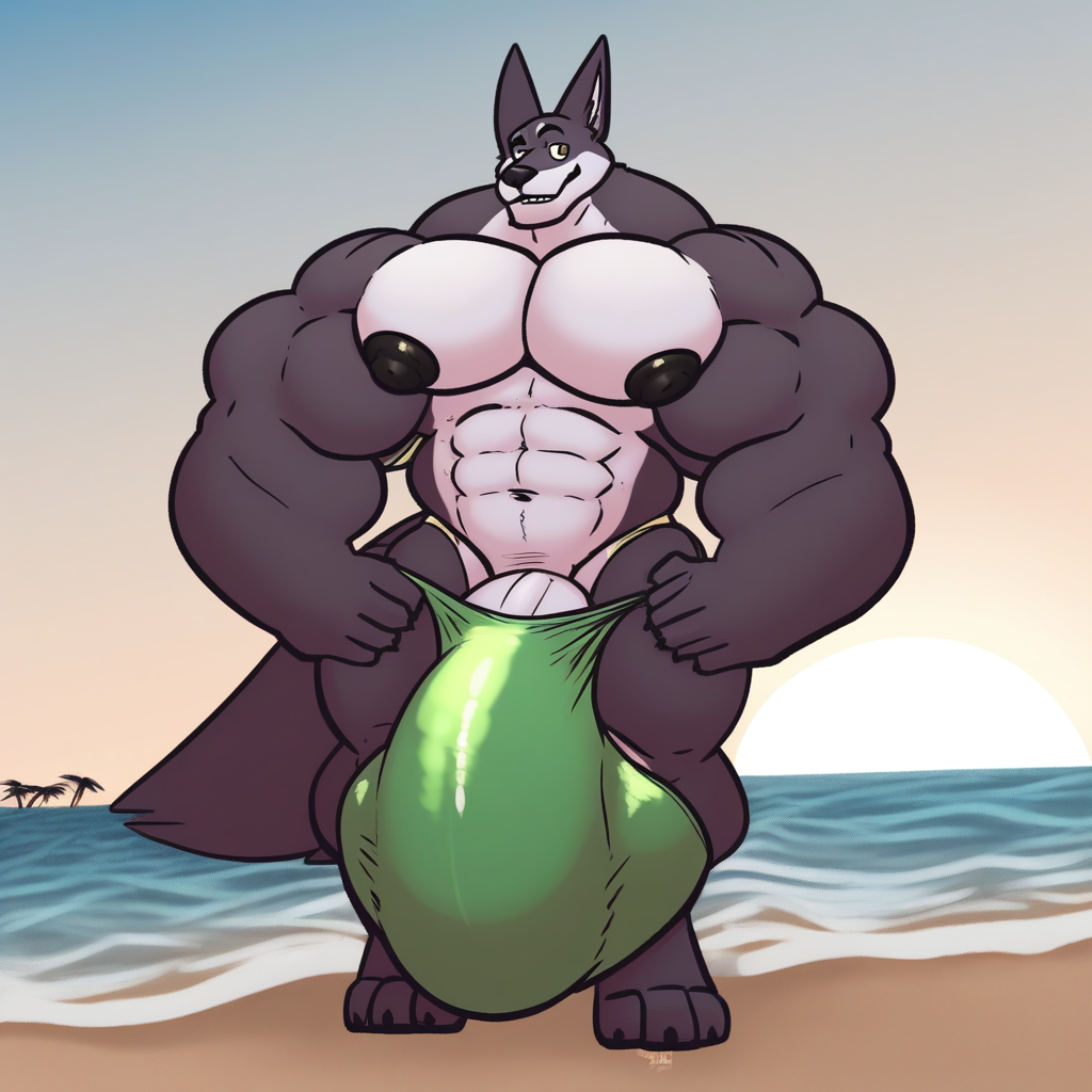 Muscular male, furry, male swimwear, solo, sexually explicit swimwear, standing, outside, beach, hyper bulge