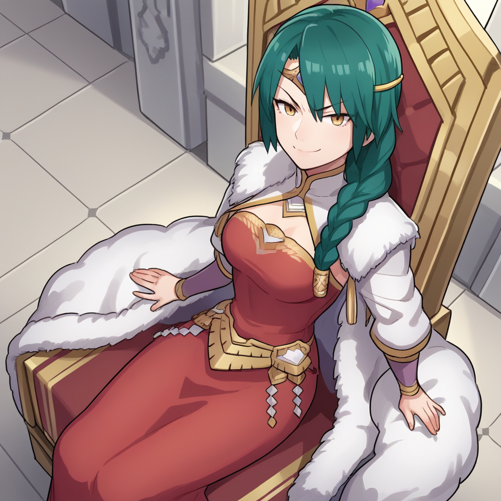 score_9, score_8_up, score_7_up, score_6_up, score_5_up, score_4_up, zPDXL2,source_anime,rating_questionable, 1girl, cowboy shot, castle interior, throne, sitting, high angle, smirk,<lora:Thorr_-_FEH:0.8> Thorr_FEH, green hair, yellow eyes, braided ponytail, hair ornament,red dress, white fur coat, lounging