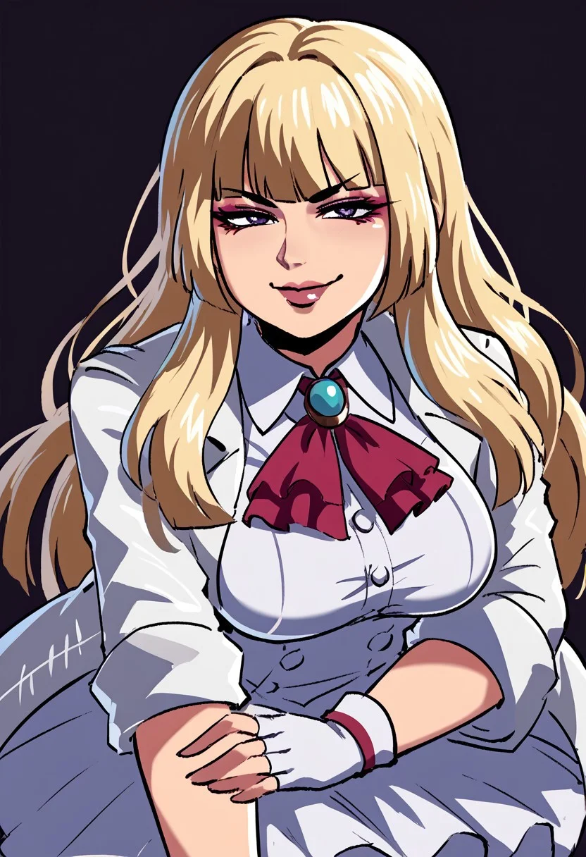 score_9, score_8_up, score_7_up, score_6_up, score_5_up, score_4_up, source_cartoon, <lora:confetti-extract- ponyxl:0.85>, detailed eyes, easynegative, rating_explicit, Expressiveh, 1girl, solo, ceo
Lili, lilit5p2, long hair, hime cut, blonde hair, blunt bangs, purple eyes, makeup, eyeshadow, lips, white jacket, white skirt, frills, frilled jacket, frilled skirt, white gloves, fingerless gloves, brooch, red neckerchief, big breasts, , looking at viewer, smug face, lips