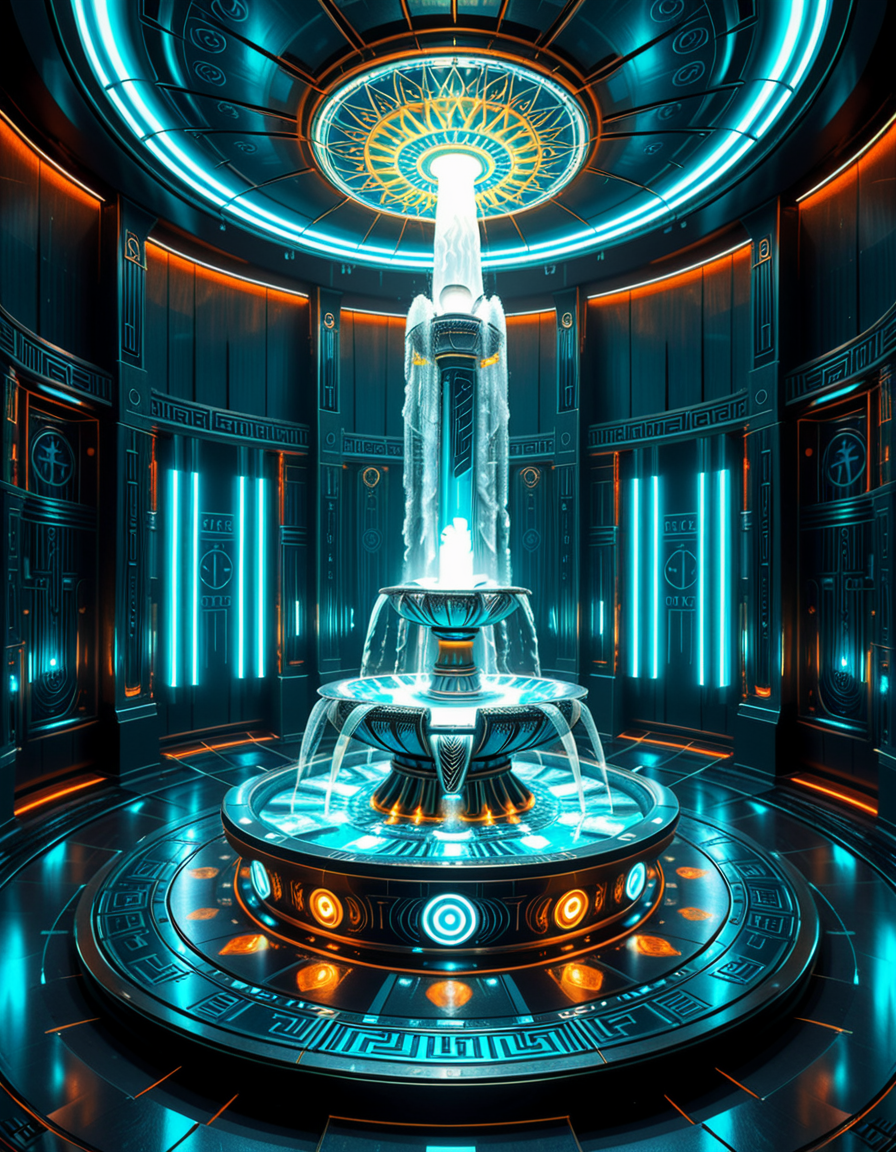 The center of a high-tech, alien temple-laboratory, where dark metallic walls shimmer under the glow of cyan vertical light tubes and faint sacred runes. In the middle of the chamber lies an elaborate biomechanical fountain, rising like an altar from a circular platform of engraved metal. The fountain pulses with iridescent liquid light, flowing in gravity-defying streams that spiral upward before cascading back into a glowing basin etched with ritual patterns. Bioluminescent veins run through the structure, illuminating the surrounding floor like circuitry. Overhead, a radiant, halo-like design casts a celestial glow, enhancing the surreal, sanctified atmosphere. The space exudes a fusion of sacred ceremony and alien technology, as if the fountain were a source of divine power worshipped by another world.
<lora:high-tech_alien_temple_f0unt41n:1>,high-tech alien temple f0unt41n,<lora:SDXLFaeTastic2400:0.4> <lora:extremely_detailed:0.4> extremely detailed, Masterpiece,best quality,hi res,8k,hi res,8k,award winning,(sharp focus, intricate, highly detailed),
