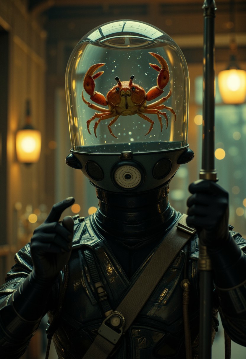 A dynamic ninja stands poised in a battle stance, his sleek black body armor reflecting the dim light. Instead of a normal head, he has a transparent fish tank as his head, filled with water. Inside the tank, a small, furious crab is swimming aggressively, its claws raised high as if ready to fight. The ninja's body is tense, ready to strike, while the crab mirrors his determination, giving off a comically intense vibe. The background is blurred, emphasizing the action and the surreal nature of the ninja's unusual head. Stylized manga shading highlights the fluid motion and dramatic tension in the scene.
