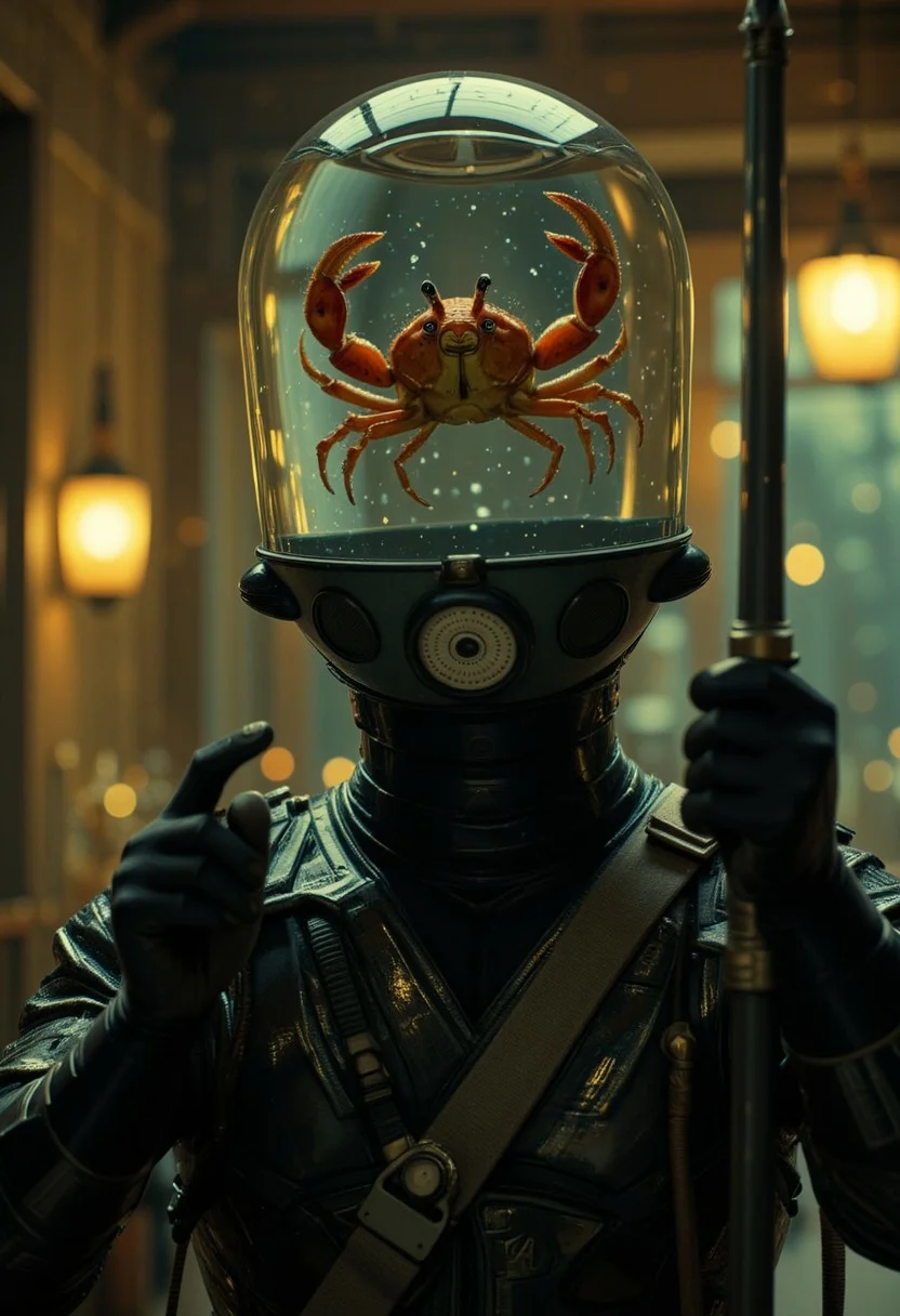A dynamic ninja stands poised in a battle stance, his sleek black body armor reflecting the dim light. Instead of a normal head, he has a transparent fish tank as his head, filled with water. Inside the tank, a small, furious crab is swimming aggressively, its claws raised high as if ready to fight. The ninja's body is tense, ready to strike, while the crab mirrors his determination, giving off a comically intense vibe. The background is blurred, emphasizing the action and the surreal nature of the ninja's unusual head. Stylized manga shading highlights the fluid motion and dramatic tension in the scene.