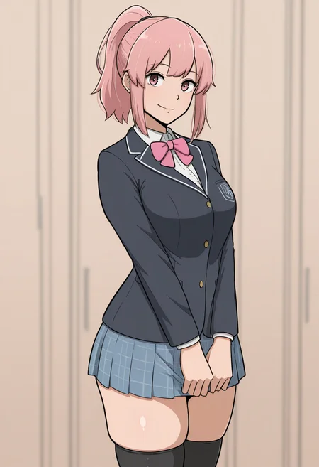 masterpiece, best quality,
<lora:Leeoekakiiiii:1> L3303k4k11111, 1girl, solo,standing,looking at viewer, happy, closed mouth,pink hair, ponytail, pink eyes,school uniform, bow, long sleeves, skirt, skindentation, thighhighs,
