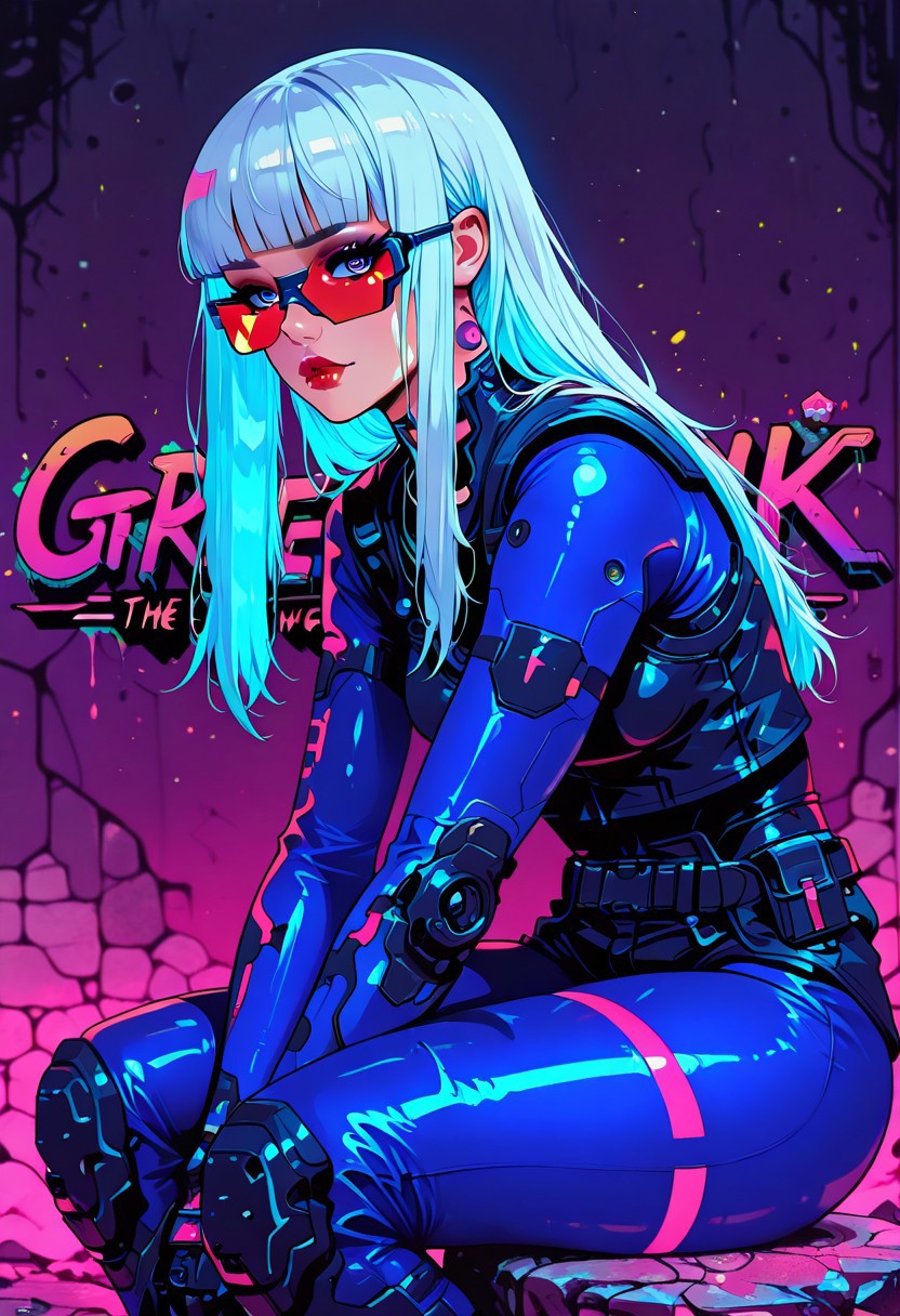 in the style of cksc, in the style of cknc, in the style of ck-rw, artist:moriimee, masterpiece, best quality, good quality, very aesthetic, absurdres, newest, 8K, depth of field, focused subject,
stylized, in black and neon shades, dark eyeshadow, red lips, long flowing silver and blue bioluminescent hair, bangs, asian female cyberpunk girl, red and blue bodysuit, sitting leaning against stone wall with anime graffiti, viewed from side, looking at viewer