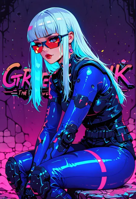 in the style of cksc, in the style of cknc, in the style of ck-rw, artist:moriimee, masterpiece, best quality, good quality, very aesthetic, absurdres, newest, 8K, depth of field, focused subject,
stylized, in black and neon shades, dark eyeshadow, red lips, long flowing silver and blue bioluminescent hair, bangs, asian female cyberpunk girl, red and blue bodysuit, sitting leaning against stone wall with anime graffiti, viewed from side, looking at viewer