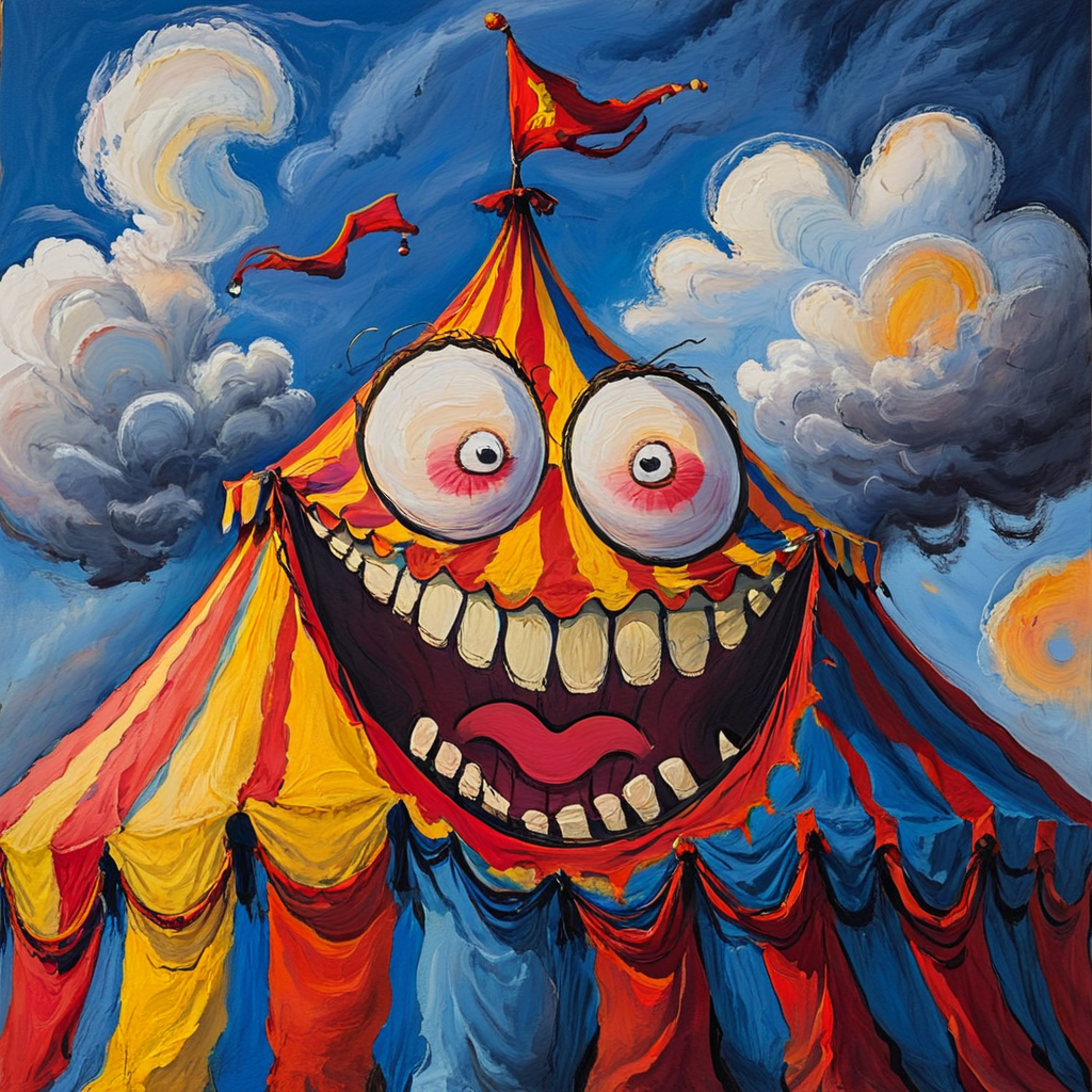 <lora:Expressionism_CartoonsSDXL:1> Expressionism Cartoons, The image shows a painting of a circus tent with a big smile on its face surrounded by a sky with clouds. The tent is brightly colored with a variety of hues including red yellow and blue. The sky is a deep blue with white clouds scattered throughout., cloud, grin, no humans, sky, moon, smile, teeth, wings, outdoors, colorful