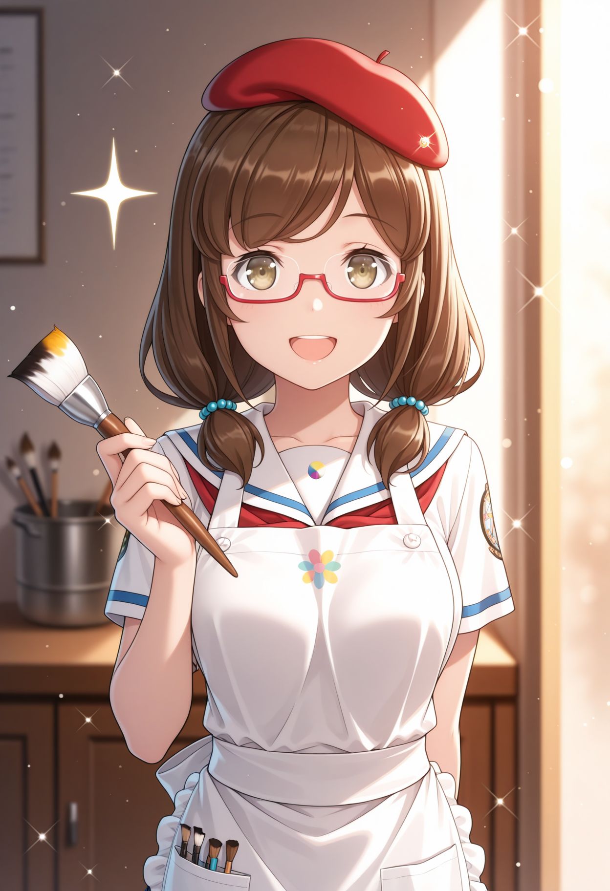 masterpiece,best quality,absurdres,highres,very aesthetic,high quality,detailed,insanely detailed,beautiful,perfect lighting, looking at viewer, looking at viewer,
 <lora:Momo Aoki:1>1girl, brown hair, glasses, hat, twintails, beret, open mouth, school uniform, semi-rimless eyewear, apron, brown eyes, smile, sparkle, hair ornament, paintbrush