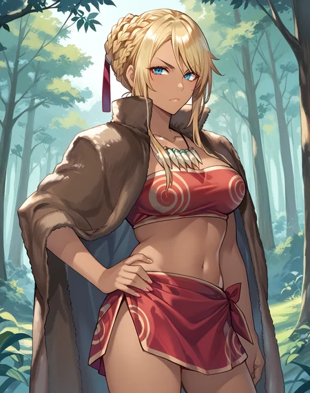 ai_fa, blonde hair, blue eyes, braid, medium breasts, dark-skinned female, red tribe sarong, sidelocks, red tribe top, strapless, tribe clothes, tusk necklace, long hair, tied hair, fur jacket BREAK outdoors, forest, BREAK serious face, hand on hips , looking at viewer BREAK score_9, score_8_up, score_7_up, source_anime ,zPDXL, <lora:Ai_Fa:0.8>