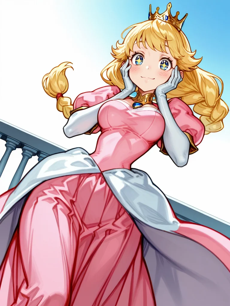NishimuraXL,, simple background, (sketch:1.1), narrow waist, wide hips, thick thighs,
1girl lay on balcony, princess pink dress, elbow gloves, blue eyes, crown, single braid, long skirt, medium breasts, looking at viewer, dynamic angle, cowboy shot, cute, cartoon, hands on face, hand on own cheek, cute pose, smile, blush, wide shot, sparkling eyes, magic vibes, bangs, floating hair,
<lora:AKinuNishimura_Style-12:1>