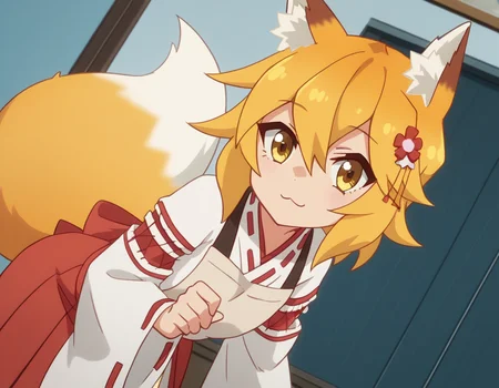 score_9, score_8_up, score_7_up, source_anime,
kitsunesenko, <lora:kitsune-senko-s1-ponyxl-lora-nochekaiser:1>,
senko, bangs, blonde hair, hair ornament, animal ears, hair between eyes, yellow eyes, flower, hair flower, animal ear fluff, fox ears, red flower, fox girl,
long sleeves, tail, japanese clothes, wide sleeves, kimono, apron, ribbon trim, hakama, hakama skirt, ribbon-trimmed sleeves, white kimono, miko, brown apron,
indoors, bent over, smile,
solo, dutch angle, looking at viewer, cowboy shot,
