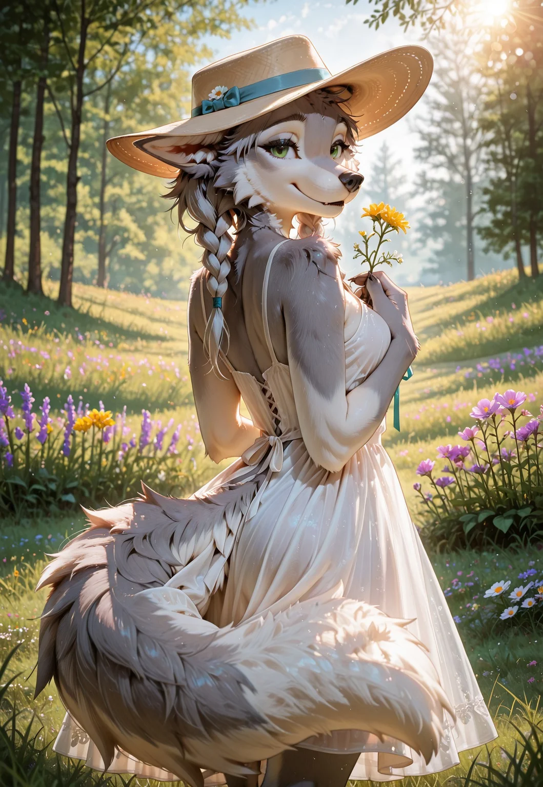 masterpiece, best quality, highres, 1girl, furry, solo, (anthro wolf girl:1.2), gray fur, gray twinbraids, green eyes, tail focus, (ribbon tied on tail), beautiful face, expressive pose, charming, alluring, thoughtful smile, looking at viewer, detailed background, soft lighting, bloom, cinematic, 8k, detailed face, fluffy tail, delicate features, ears folded back, EFB, dropped ears, sunhat with flowers, (((ears under hat))), grass, wildflowers, spring ambiance, blurred background, soft body fur, ultra-detailed eyes, light dress, warm sunlight, volumetric lighting, high detail fur, perfect composition,