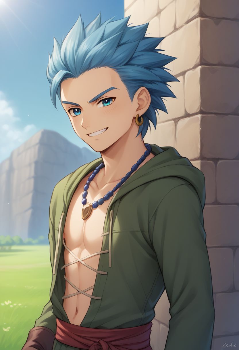 score_9, score_8_up, score_7_up, source_anime, highly detailed, 1boy, solo, male_focus, half body, half body,
erik, solo, 1boy, male focus, jewelry, earrings, blue hair, necklace, gloves, fingerless gloves, blue eyes, pants, spiked hair, brown gloves, grin, smile,
outdoor,