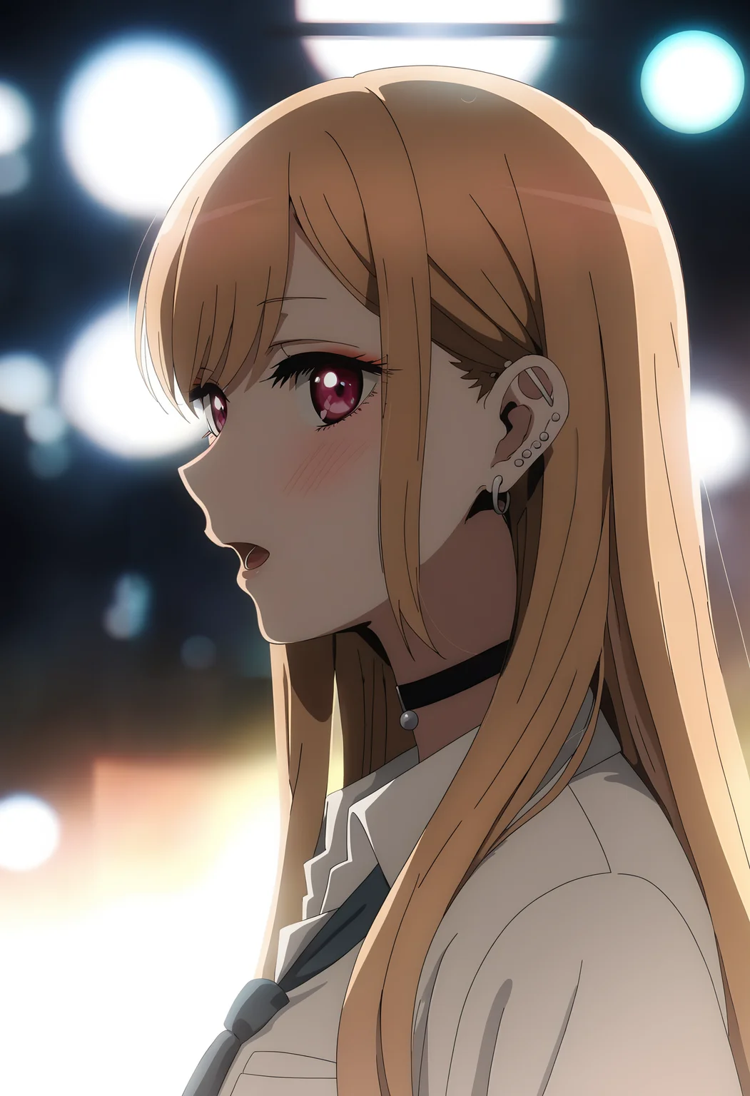(score_9_up, masterpiece, best quality, very aesthetic, ultra detailed, intricate details, anime style, vibrant colors, dynamic lighting, high resolution, cinematic effects, dramatic lighting, depth of field, lens flare), <lora:Sono Bisque Doll wa Koi wo Suru - Marin Kitagawa XL R1.1:0.8>, Kitagawa Marin, 1girl, solo, choker, long hair, blonde hair, looking at viewer, ear piercing, piercing, black choker, earrings, open mouth, jewelry, shirt, from side, school uniform, barbell piercing, bangs, white shirt, blush, upper body, red eyes, collared shirt, pink eyes