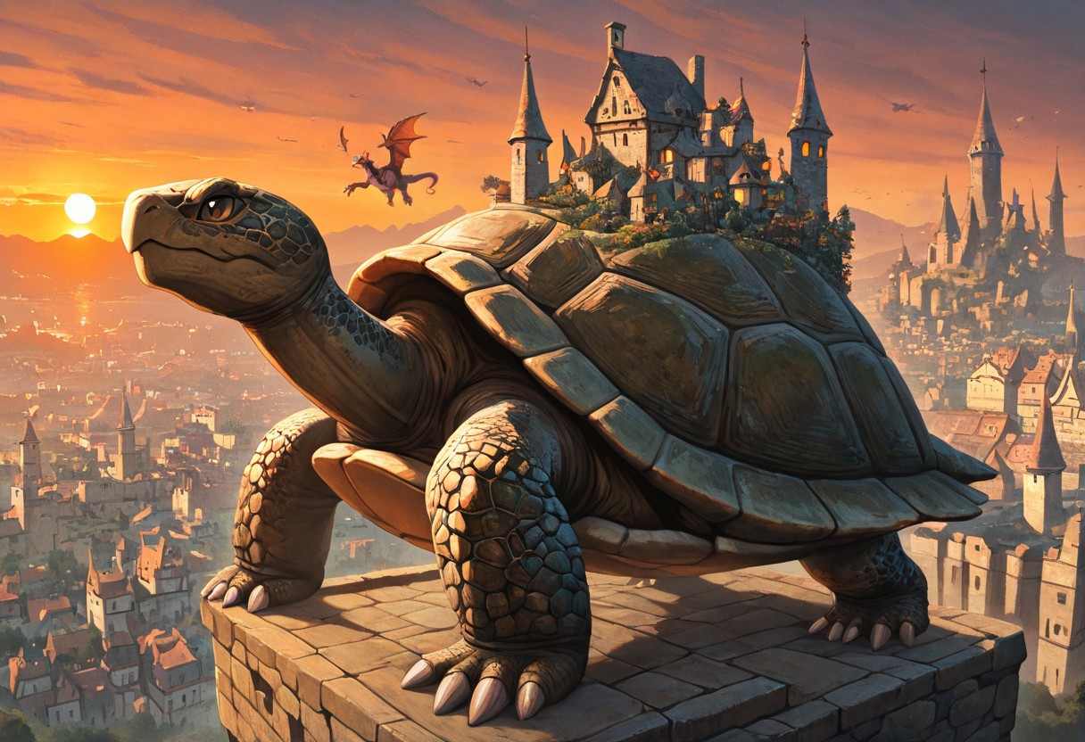 masterpiece, best quality, newest, absurdres, highres, DT-BOIB, building, Turtle, scenery, no humans, sunset, city, medieval, fantasy, DTV1.0, Turtle, Dragon,  pokemon (creature),