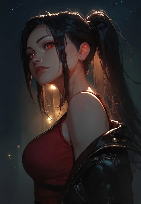 score_8_up, score_7_up , score_9, black hair, long hair, ponytail, solo, red eyes, dynamic lighting, medium breasts, leather jacket, red tanktop, jeans, standing, dynamic angle, night, (face close-up:1.4),leaning, cheeky, from side, looking at viewer