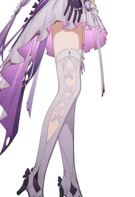 <lora:Castorice_(honkai_star_rail)1.2_illustrious-000066:1>,
Castorice_\(honkai_star_rail\),1girl,solo,white thigh boots,bandage dress,asymmetrical gloves,lavender hair,long hair,white dress,standing,black gloves,elbow gloves,purple gloves,torn thigh boots,gradient hair,lower_body,white_background,high heels,from_side