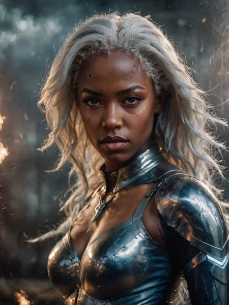 cinematic film still, photo of storm from x-men, dark skinned girl with white hair, lightnings, superpowers, armor,  sony fe 12-24mm f/2.8 gm, close up, 32k uhd, light navy and light amber,  amazing quality, wallpaper, analog film grain <lora:aesthetic_anime_v1s:0.8> <lora:AnalogRedmondV2-Analog-AnalogRedmAF:0.6> <lora:add-detail-xl:1> <lora:glowneon_xl_v1:0.5>