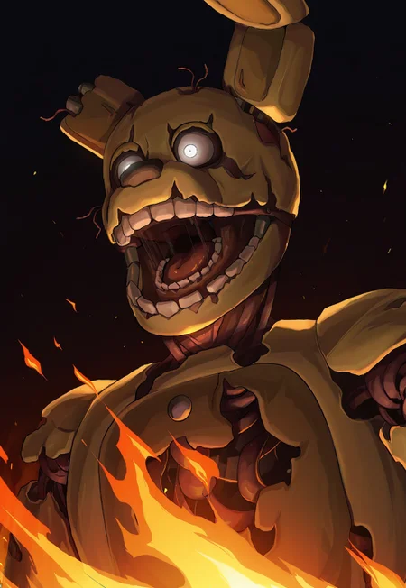 (masterpiece,absurdres,best quality,amazing quality,very aesthetic,absurdres,newest,high resolution,illustration),2024,questionable,nsfw,1boy,solo,fnaf,(springtrap),classic_springtrap,rabbit,close-up,portrait,white eyes,perfect face,open mouth,animatronic,male,male focus,detailed background,dark background,no humans,dramatic lighting,detailed,fire,burning,light particles