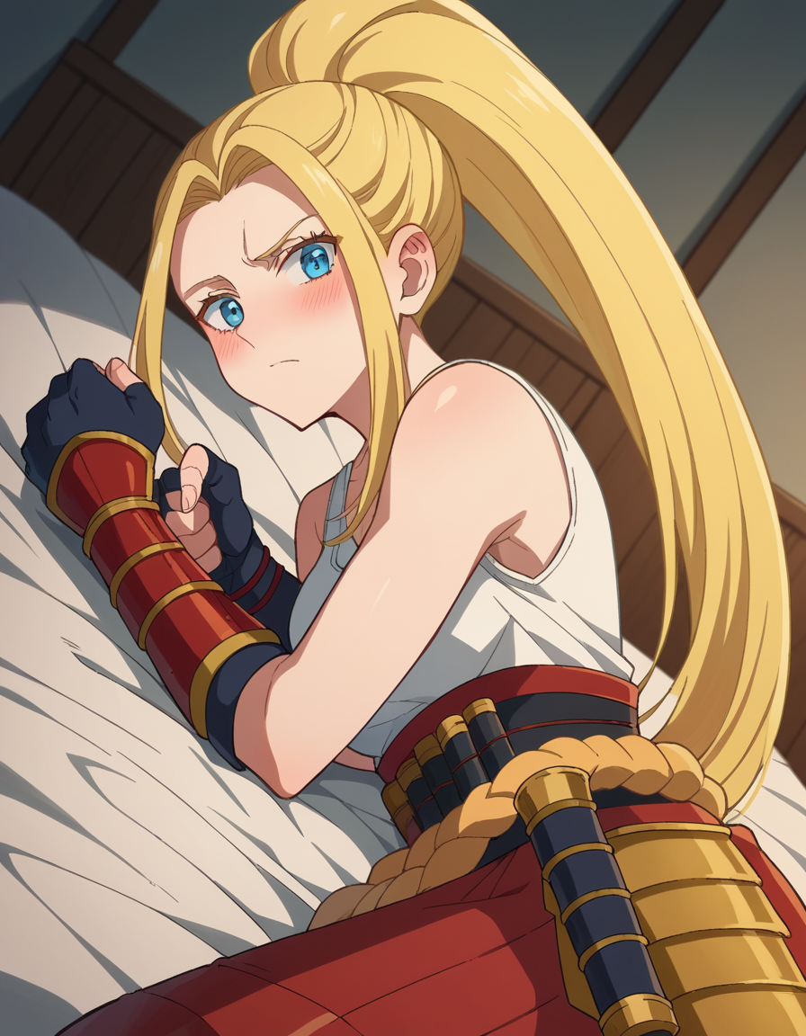 score_9, score_8_up, score_7_up, source_anime,
beatrixamerhauser, <lora:beatrix-amerhauser-s1-ponysdxl-lora-nochekaiser:1>,
beatrix amerhauser, long hair, blue eyes, blonde hair, gloves, ponytail,
gloves, fingerless gloves, armor, japanese armor, tank top, white tank top,
indoors, bed, bed room, on side, blush, drunk,
looking at viewer, cowboy shot, dutch angle, solo,