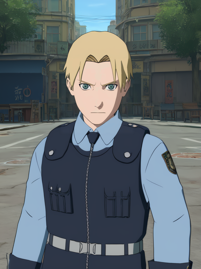 score_9, score_8_up,score_7_up,Source_anime,1boy,leon s. kennedy,<lora:Naruto_Storm_Style:1> street,upper body,blue hair,NS Style,blonde,(showing forehead),police uniform,