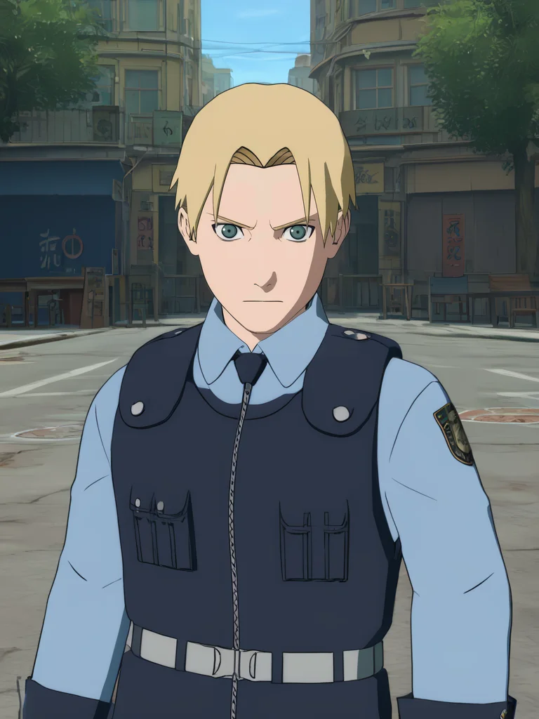 score_9, score_8_up,score_7_up,Source_anime,1boy,leon s. kennedy,<lora:Naruto_Storm_Style:1> street,upper body,blue hair,NS Style,blonde,(showing forehead),police uniform,