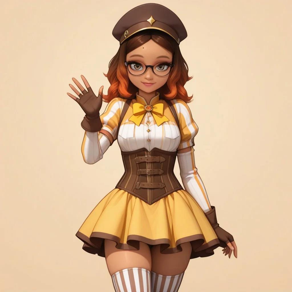 sfw, masterpiece, best quality, extremely detailed, highres, best quality, high quality, 1girl, solo,
grayish gold eyes, mole above her forehead, Alya Cesaire, black rimmed glasses with a white spot on each side, brown skin,
brown gloves, corset, detached sleeves, fingerless gloves, gloves, hat, juliet sleeves, long sleeves, magical girl, puffy sleeves, skirt, striped, striped thighhighs, thighhighs, thighs, vertical stripes, vertical-striped thighhighs, yellow skirt
Cowboy shot, smile, waving,
