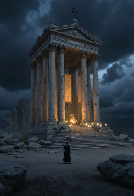 An ancient marble temple stands alone in a desert of black sand. Between its crumbling pillars, golden scrolls hover, their pages turning as if guided by invisible hands. A storm gathers in the distance, but the sky above the temple remains frozen in time, illuminated by stars that do not belong to this world.
, aidmabaldursgate3, aidmafluxpro1.1