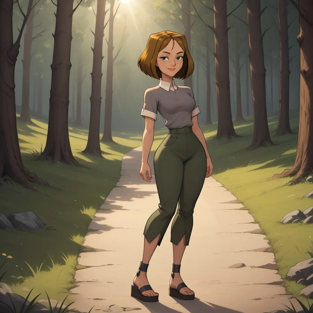 score_9, score_8, BREAK, solo, brown hair, black eyes, lips, collared shirt, grey sweater, short sleeves, green pants, dark skin, sandals, freckles, breasts, Total Drama, Courtney_(Total_Drama), sexy pose, smile, outdoors, sunlight, shadows, evening lighting, natural lighting, forest, trees, grass, orange sky, sunset
