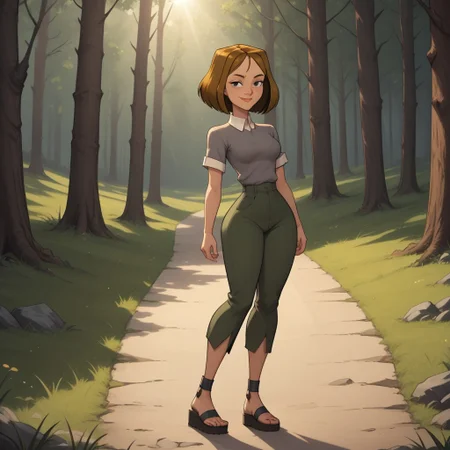 score_9, score_8, BREAK, solo, brown hair, black eyes, lips, collared shirt, grey sweater, short sleeves, green pants, dark skin, sandals, freckles, breasts, Total Drama, Courtney_(Total_Drama), sexy pose, smile, outdoors, sunlight, shadows, evening lighting, natural lighting, forest, trees, grass, orange sky, sunset