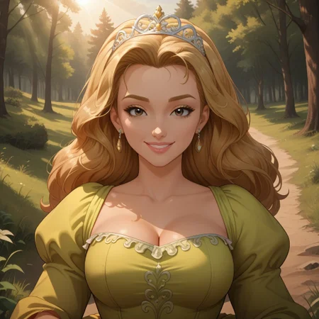 score_9, score_8, BREAK, solo, Princess_Amber_(Sofia_The_First), 1girl, tiara, blonde hair, brown eyes, earrings, yellow green dress, sandals, tall, adult female, mature female, big breasts, self portrait, smile, looking at viewer, outdoors, sunlight, shadows, evening lighting, natural lighting, forest, trees, grass, orange sky, sunset