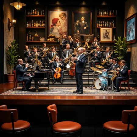 A miniature diorama of a big band performing on a stage placed on the counter of a stylish bar. A total of 17 members, dressed in matching suits, sit on a stepped stage. 4 trumpets, 4 trombones, 5 saxophones, piano, bass, drums and guitar. A supreme artistic moment where everyone is immersed in the joy of sound. A magical evening, a conductor, <lora:Flux.1_Turbo_Detailer:0.7>, <lora:Diorama_Flux:0.9>