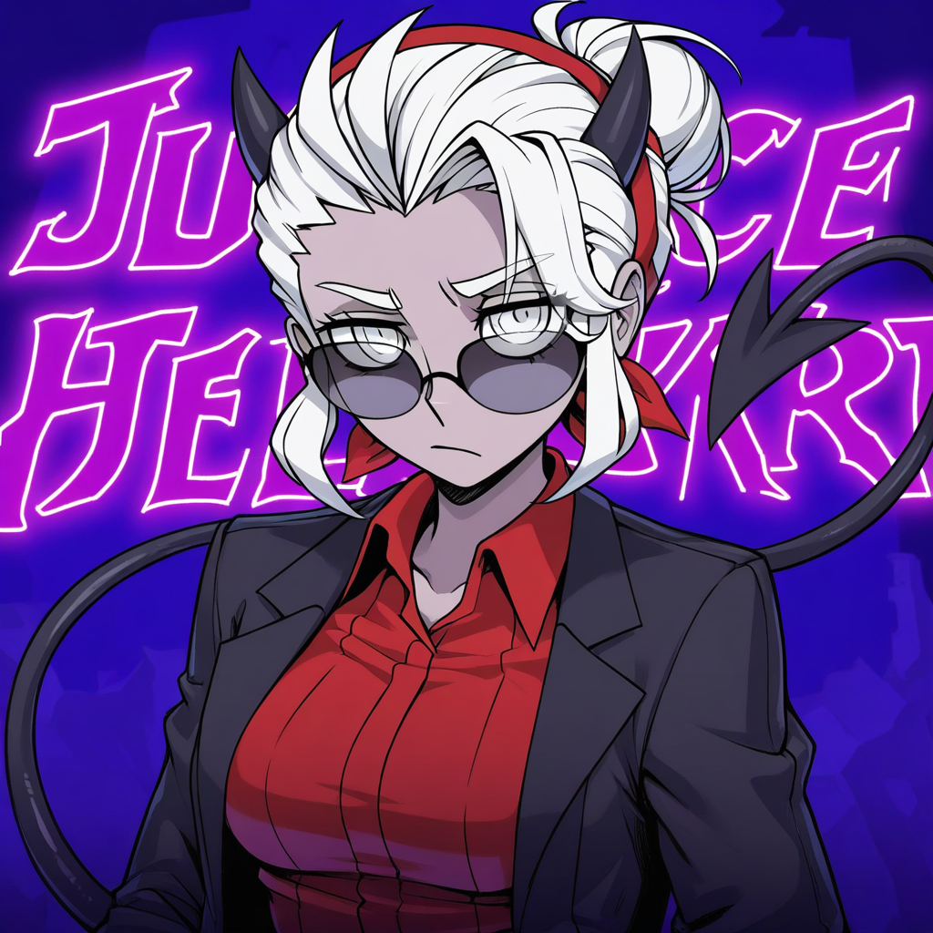 masterpiece, best quality, newest, absurdres, highres, NeoAV1.0, neon lights  ultraviolet light, 1girl, justice (helltaker), white hair, short hair, hairbun, black horns, demon girl, demon tail, eyes visible through eyewear, black jacket, open jacket, red shirt, sunglasses, tail, red hairband, blind, blind eyes, white eyes,
