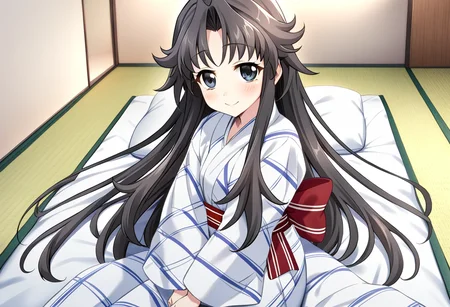 1girl, chisa\(memories off 6\), solo, futon, tatami, looking at viewer, pillow, black eyes, black long hair, red sash, red bow, white yukata, on bed, bed sheet, v arms, smile, indoors, blush, sidelocks, masterpiece, best quality, very aesthetic, absurdres, <lora:chisa:1>