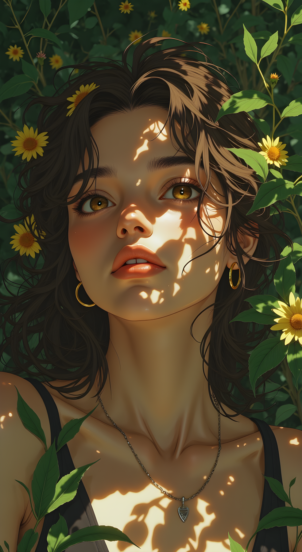 A highly detailed and realistic digital artwork of a person with long, wavy hair adorned with flowers and leaves. The individual has light skin and striking features, including large, expressive eyes and full lips. Their expression is serene and slightly contemplative, adding to the overall sense of tranquility in the image.
The lighting is soft and natural, with dappled sunlight filtering through the foliage, creating a play of light and shadow on the person's face and shoulders. This effect enhances the three-dimensional quality of the image and adds a sense of depth and realism.
The person is wearing delicate jewelry, including a thin necklace and hoop earrings, which complement their natural beauty. The background is filled with lush greenery and vibrant flowers, suggesting a garden or forest setting. The colors are rich and vivid, with various shades of green and yellow creating a harmonious and visually appealing palette.
Overall, this image is a stunning example of digital art, combining elements of nature, beauty, and realism to create a captivating and memorable visual experience. The attention to detail and the use of light and color make it a truly remarkable piece.
BREAK j_art, anime, anime art, <lora:FLUX\jul\J_Anime:0.7>, <lora:FLUX\Anime Art V3:0.1>, <lora:FLUX\Flux-jijia:0.2>