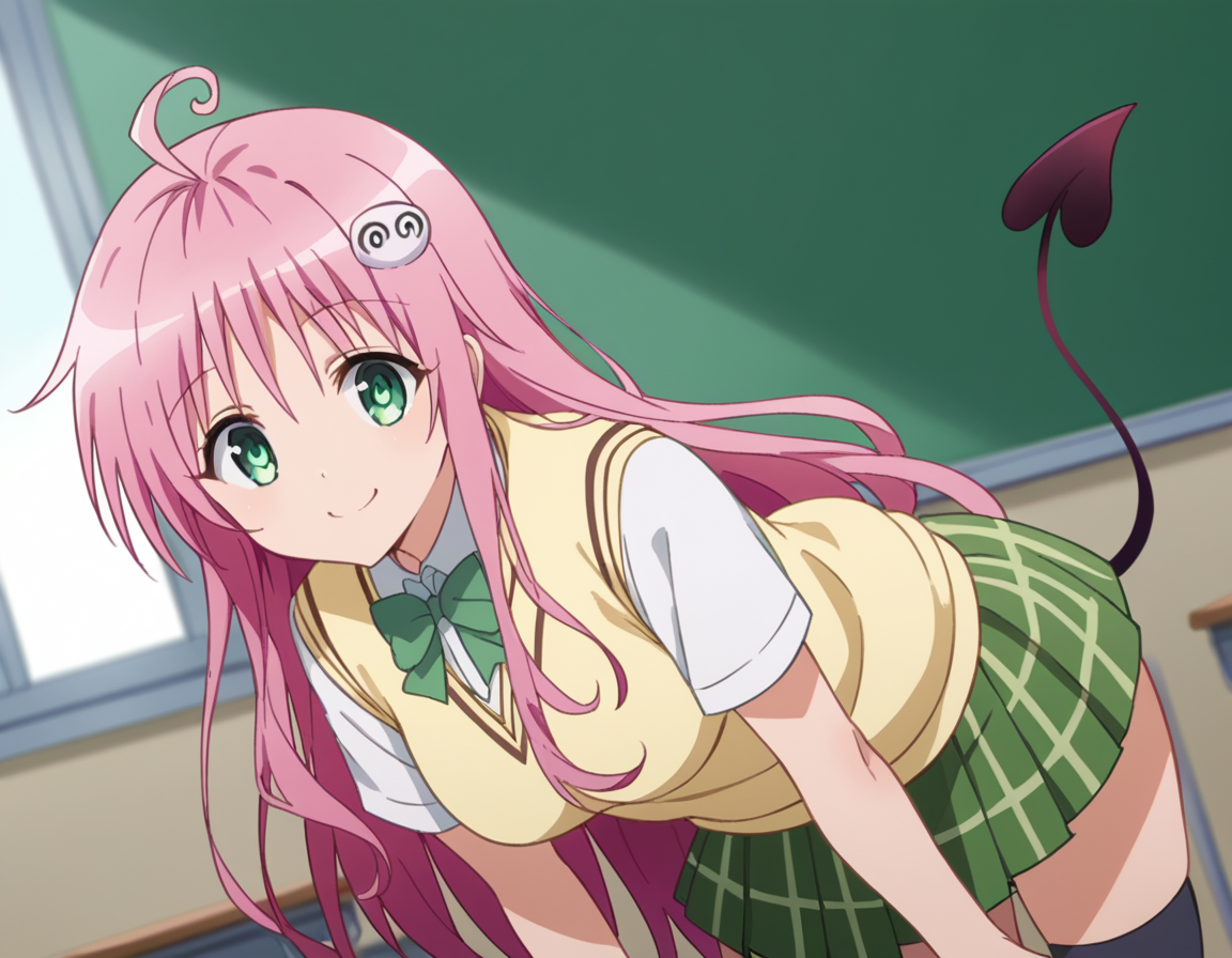 score_9, score_8_up, score_7_up, source_anime,
laladeviluke, <lora:lala-deviluke-darkness-ponyxl-lora-nochekaiser:1>,
lala deviluke, long hair, pink hair, tail, ahoge, bangs, hair ornament, green eyes,
demon tail, green skirt, plaid, plaid skirt, sainan high school uniform, school uniform, skirt, sweater vest, thighhighs, yellow sweater, short sleeves, bow, green bow,
indoors, classroom, bent over, smile,
looking at viewer, cowboy shot, dutch angle, solo,