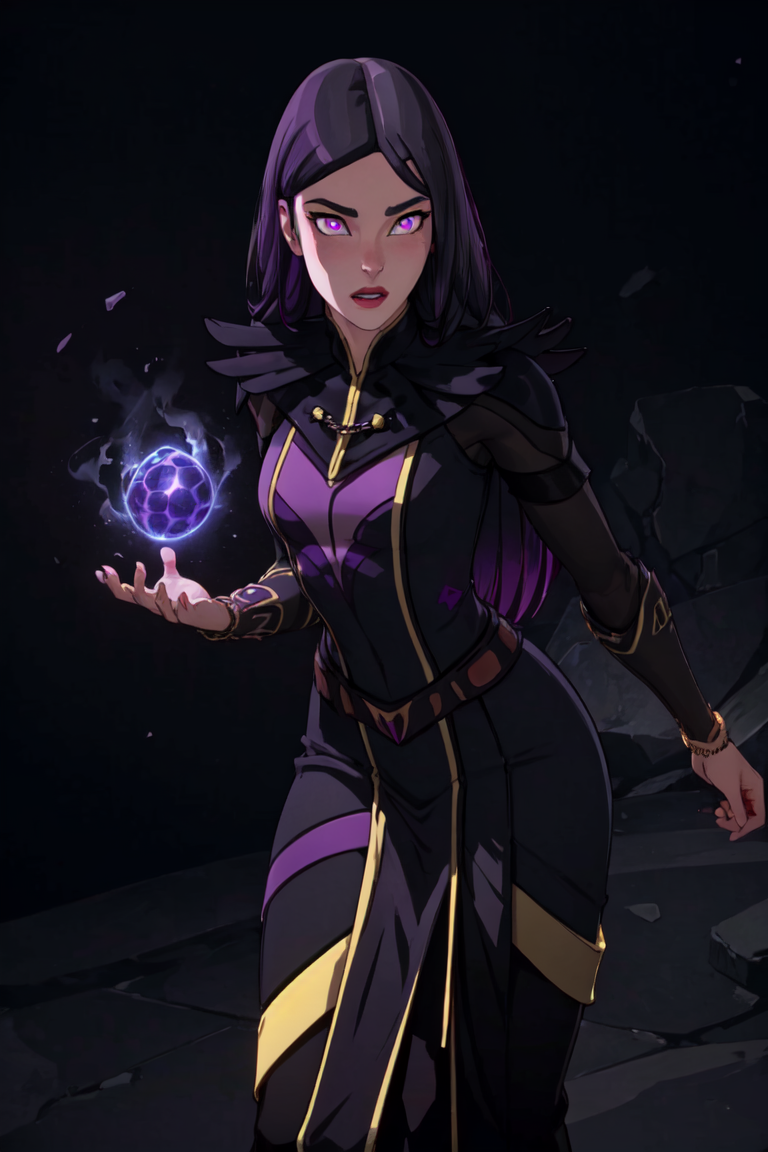 (Claudia), black dress, long hair, (glowing purple eyes, purple magic:1.2), casting a spell, (black and purple background, dark background:1.2), (realistic:1.2), (masterpiece:1.2), (full-body-shot:1),(Cowboy-shot:1.2), dark romantic lighting, (highly detailed:1.2), (detailed face:1.2), (gradients), colorful, detailed eyes, (natural lighting:1.2), solo, <lora:add_detail:0.3> <lora:DragonPrinceClaudia-10:0.8> <lora:BeautifulEyes:0.3>