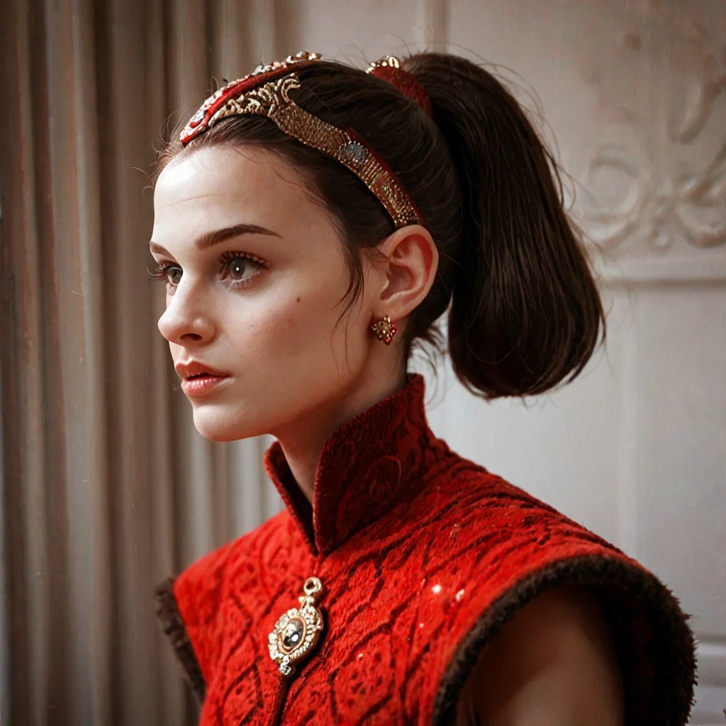 score_9, score_8_up, score_7_up, score_6_up, Padmé Amidala, Red dress, brown hair, ponytail