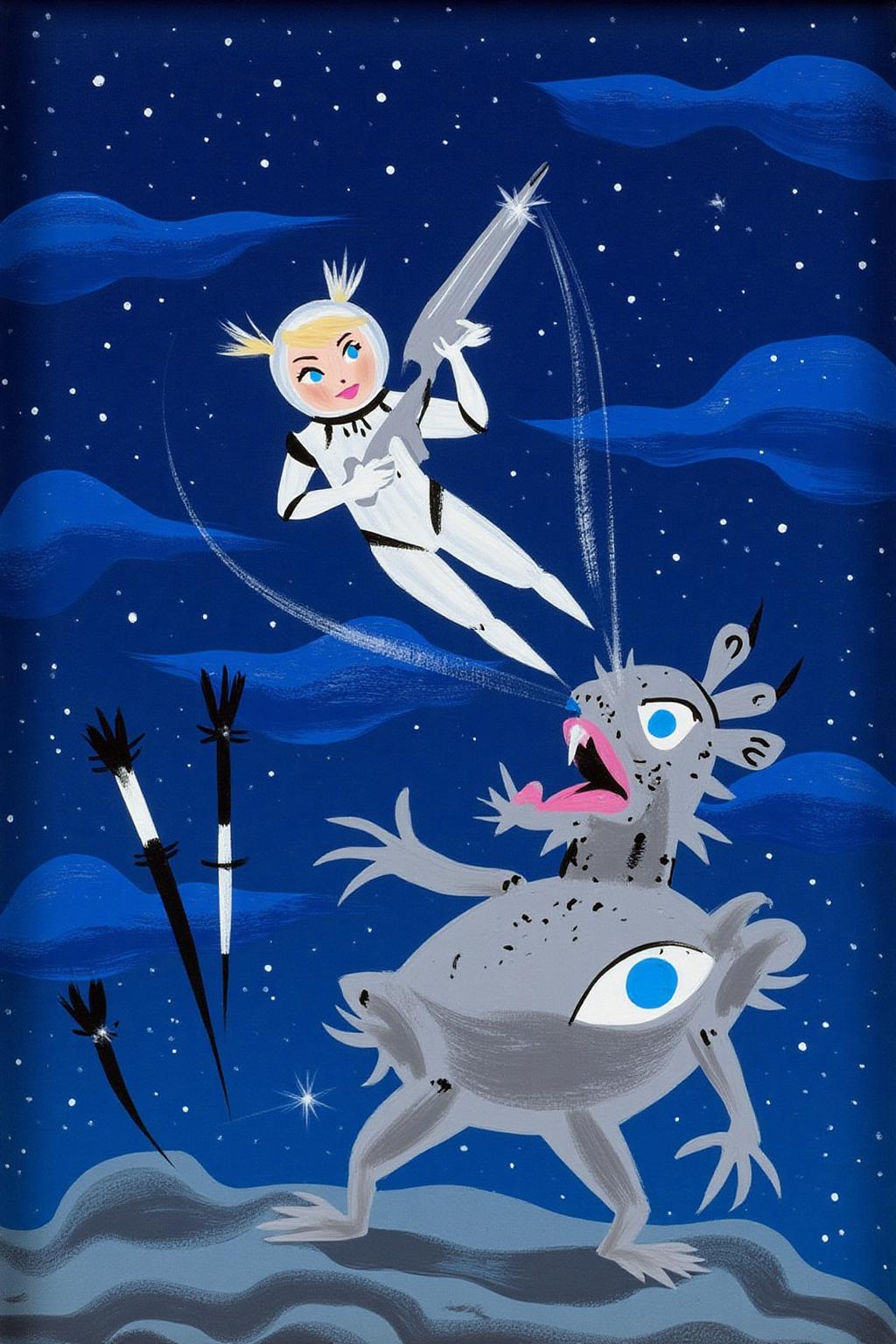 maryblair1 illustration.
The image depicts a cartoon-style scene with a space-themed background. A female astronaut is shown mid-flight, wearing a white spacesuit with black accents and a helmet. She is holding a futuristic weapon, and her expression is one of determination. The background is a deep blue with scattered stars, giving the impression of outer space. In the foreground, there is a large, grey, mechanical creature with a menacing expression. It has a wide-open mouth, a prominent blue eye, and two antennae on its head. The creature appears to be attacking or confronting the astronaut. Additionally, there are two black and white darts or projectiles in the lower left corner, which seem to be part of the scene's action. The overall style of the image is whimsical and cartoonish, with exaggerated features and vibrant colors. The scene suggests a dynamic and action-packed moment, likely from a story or animation. <lora:maryblair2_cap_d8a4:1.0><lora:846224328438593649:0>