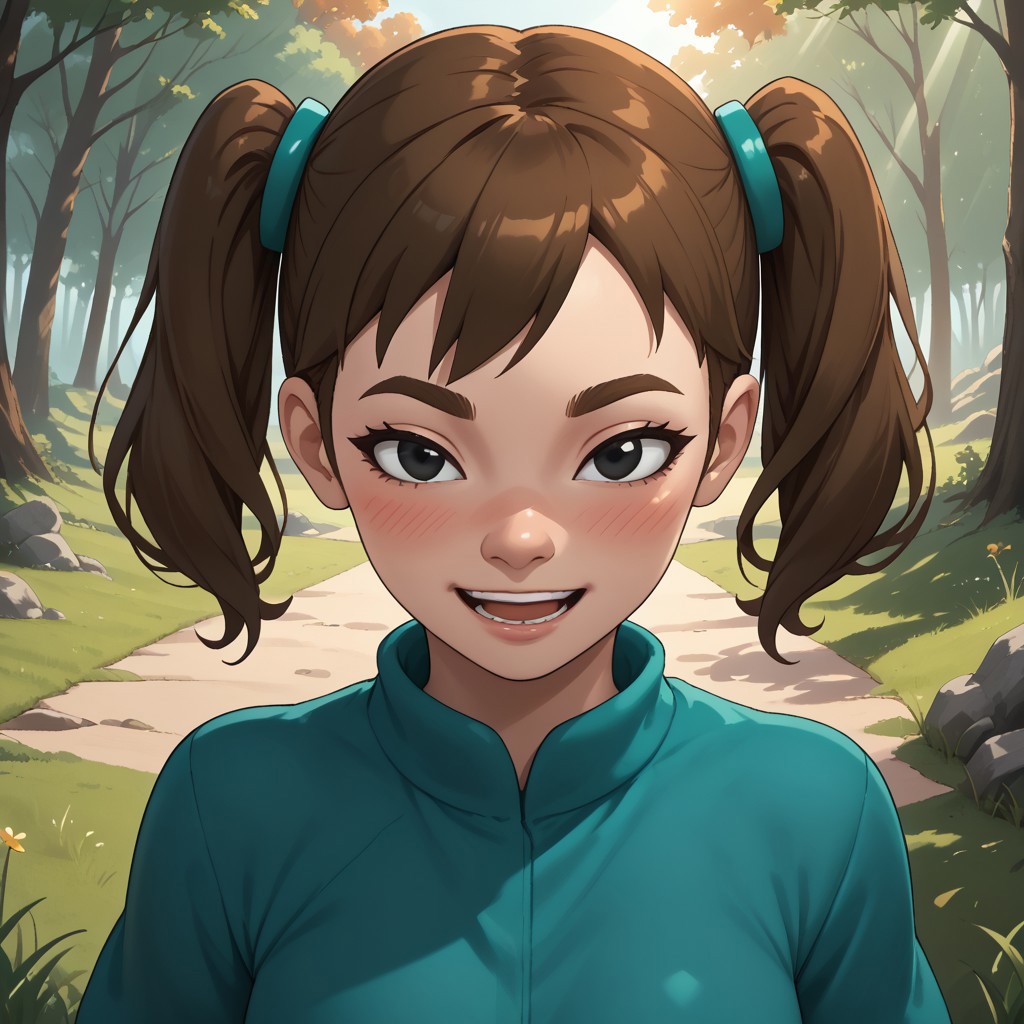 score_9, score_8, BREAK, solo, Mii, Wii, Black Eyes, Half circle eyebrows, big nose, half circle nose, blush, white skin, open mouth, green-ish brown hair, twintails, dark green clothing, 1girl, female mii, Wii Sports Resort, black pants, shoes, cute, medium breasts, Midori_(\Wii_Sports_Resort\), teeth, Nintendo Mii, modern_mii, classic_mii, sexy pose, self portrait, smile, outdoors, sunlight, shadows, evening lighting, natural lighting, forest, trees, grass, orange sky, sunset