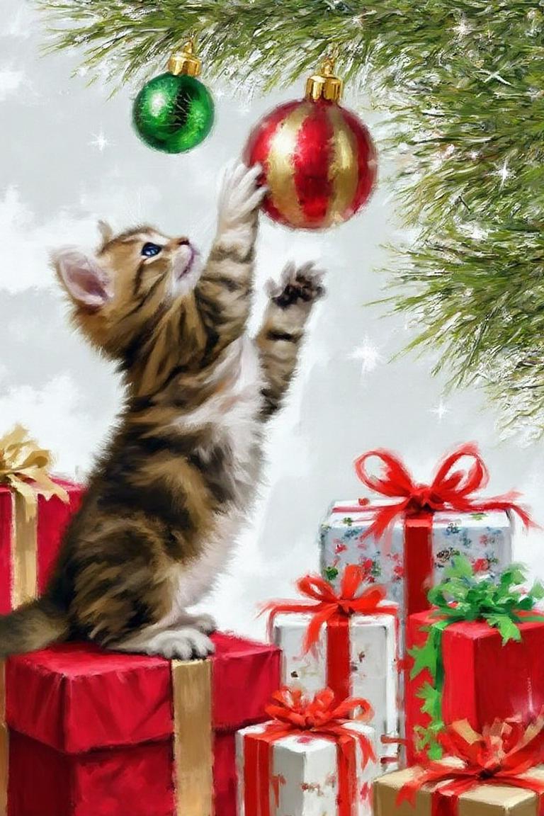 richardmacneil1 painting. A kitten stands on a red gift box, reaching for a green and gold ornament on a Christmas tree. The floor is filled with wrapped presents. <lora:richardmacneil1_cap_d8a4e11:1.0><lora:853238114171271179:0>