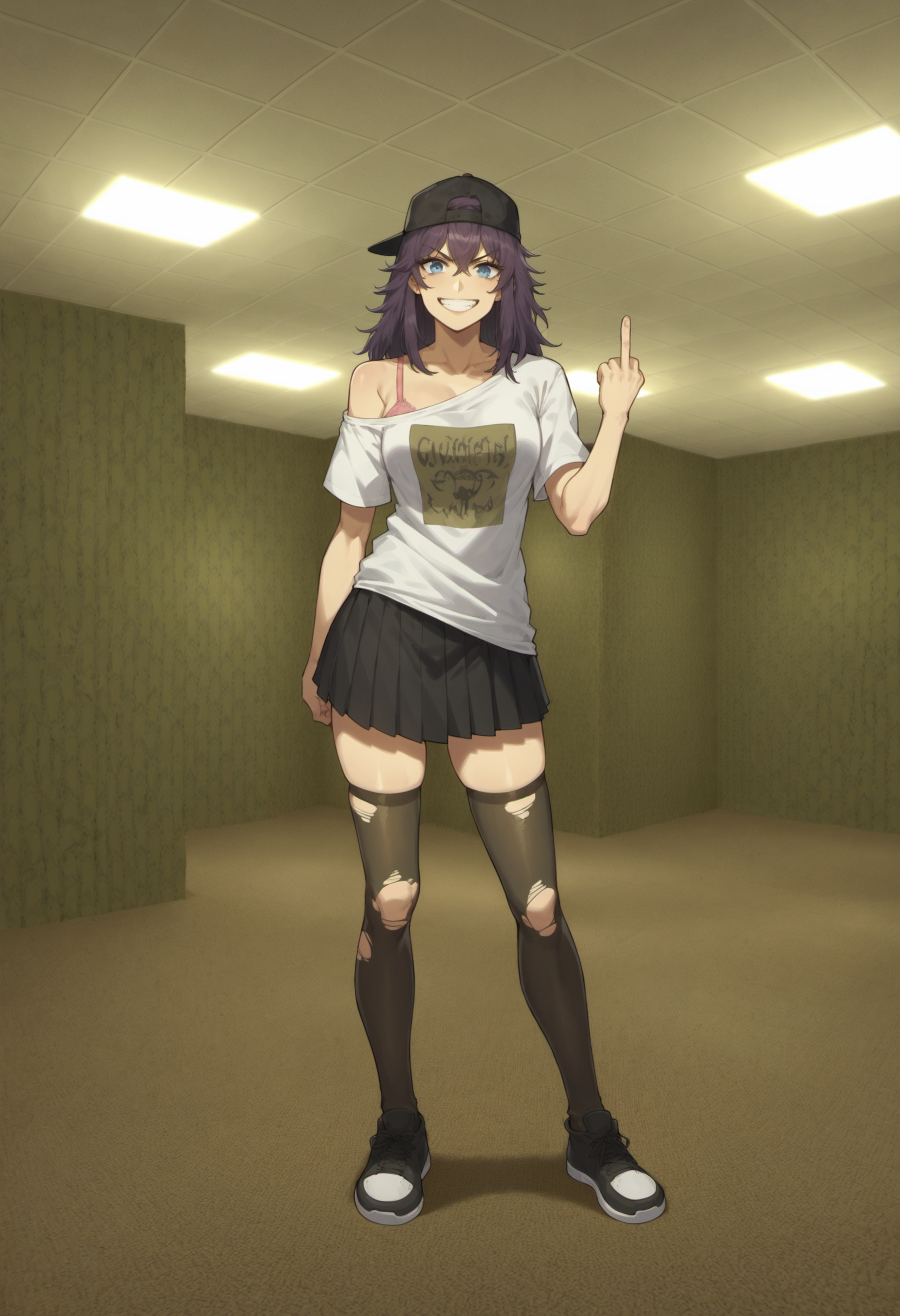 score_9, score_8_up, score_7_up, score_6_up,
BREAK
1girl, purple hair, mullet, spiked hair, long hair, messy hair, sidelocks, blue eyes, evil grin, delinquent, looking at viewer, standing, dynamic pose, middle finger, 
BREAK
abstract shirt, white shirt, oversized shirt, single bare shoulder, pink bra, short sleeves, black skirt, black thighhighs, torn legwear, black sneakers, backwards hat
BREAK
wide shot, backrooms, backrooms \(creepypasta\), brown carpet floor, yellow wall, argyle wall, tile ceiling, ceiling light, indoors, empty space, bloom <lora:[Backrooms] Backrooms Style Background_epoch_10:1>