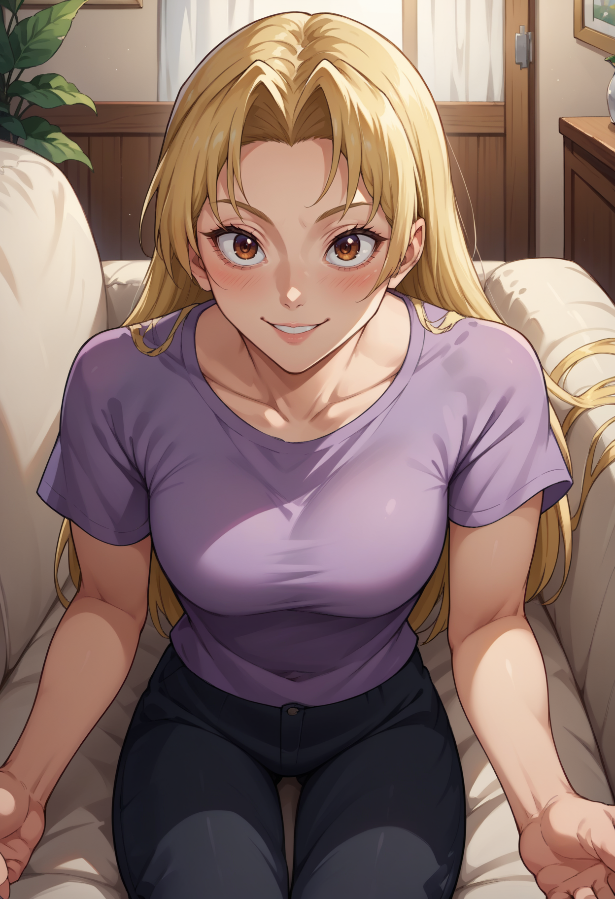 score_9, score_8_up,score_7_up, source_anime,1girl, solo, <lora:EPjjkTsukumoYuki:1>, EPjjkTsukumoYuki, long hair, blonde hair, brown eyes, parted bangs, purple t-shirt, black pants, outstretched arms, blush smiling, sitting on couch, in living room, looking at viewer, pov, incoming hug,