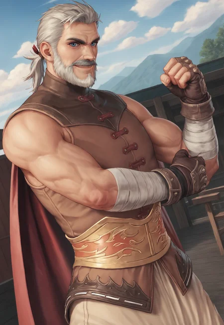 score_9, score_8_up, RashardZangan, short hair with ponytail, hair ribbon, grey hair, blue eyes, beard, mustache, muscular, mature male, red cape, brown vest, bandaged arms, fingerless gloves, gold belt, beige baggy pants, looking at viewer, smile, dynamic pose, detailed background, dutch angle, upper body, cowboy shot, blue sky, clouds, dojo, fighting stance,