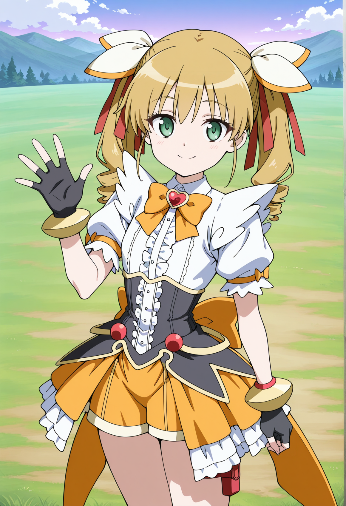1girl, blonde hair, green eyes, twintails, curly hair, white ribbon, dress, magical girl, frills, bracelet, fingerless gloves, waving, outdoors, looking at viewer, smile  <lora:becky_dd:1>, masterpiece, best quality, amazing quality, very aesthetic, absurdres, highres, newest