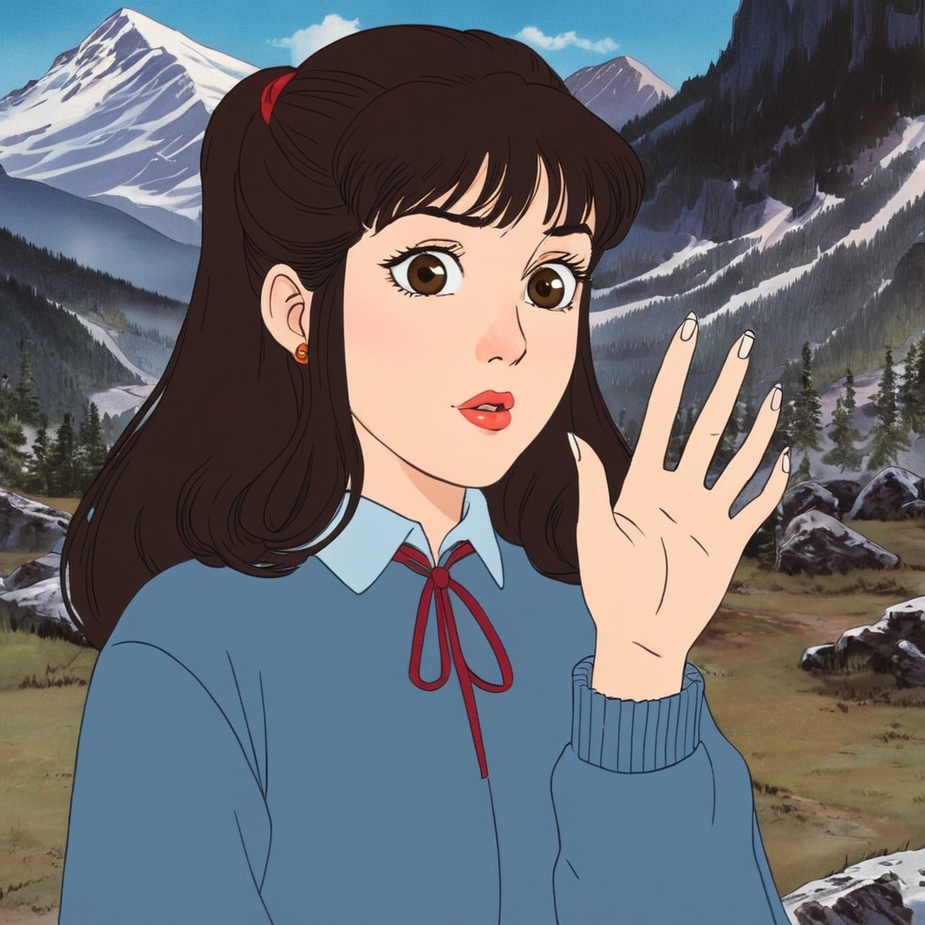 anime artwork of  <lora:perfection style:0.5> <lora:detailed:0.5> perfection detailed
 <lora:The Shining film style:0.9> In cartoon
Wendy In the 1980's in the Colorado Rocky Mountains a woman with a ring on her finger,1girl,solo,long hair,looking at viewer,bangs,brown hair,black hair,jewelry,closed mouth,black eyes,lips,eyelashes,ring,own hands together,portrait,realistic , cinematic, film, kodak, The Shining film style, anime style, key visual, vibrant, studio anime,  highly detailed