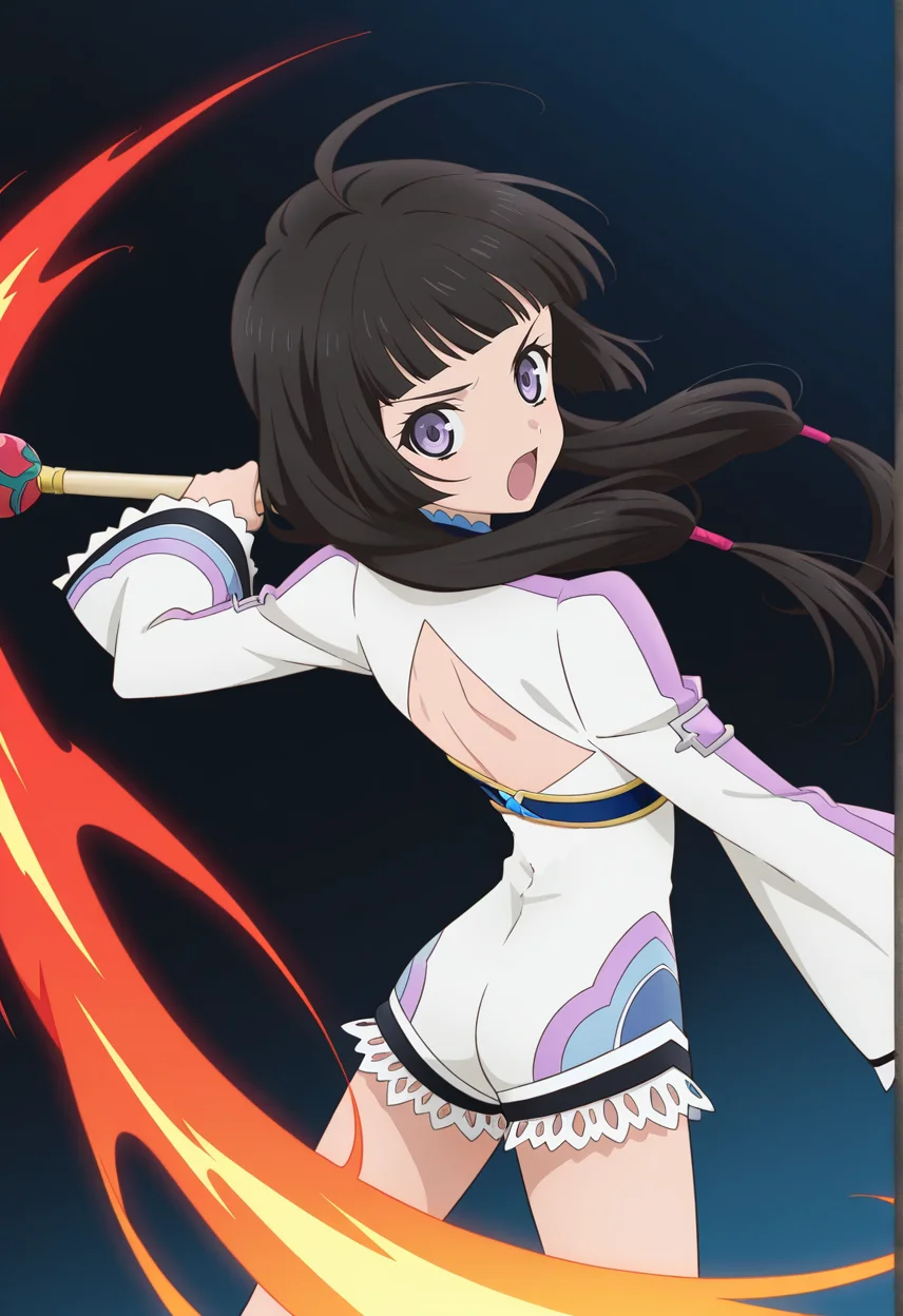 floating hair, serious, open mouth, dynamic pose, flame effects, fire effects,
cowboy shot, dynamic angle,  
BREAK,
<lora:kohak_illustriousXL_v03:1>
kohakdef, black hair, purple eyes, very long hair, blunt bangs, ahoge, low tied hair, twintails,
white bodysuit, long sleeves, wide sleeves, lace, back cutout, laced sleeves,
bare legs, 
kohakbaton, holding baton,, source_anime, very aesthetic, anime coloring, masterpiece, 
best quality, amazing quality, ultra detailed, very aesthetic, 
detailed background, 
BREAK,, gradient background, dark blue background, particle effects,