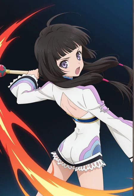 floating hair, serious, open mouth, dynamic pose, flame effects, fire effects,
cowboy shot, dynamic angle,
BREAK,
<lora:kohak_illustriousXL_v03:1>
kohakdef, black hair, purple eyes, very long hair, blunt bangs, ahoge, low tied hair, twintails,
white bodysuit, long sleeves, wide sleeves, lace, back cutout, laced sleeves,
bare legs,
kohakbaton, holding baton,, source_anime, very aesthetic, anime coloring, masterpiece,
best quality, amazing quality, ultra detailed, very aesthetic,
detailed background,
BREAK,, gradient background, dark blue background, particle effects,