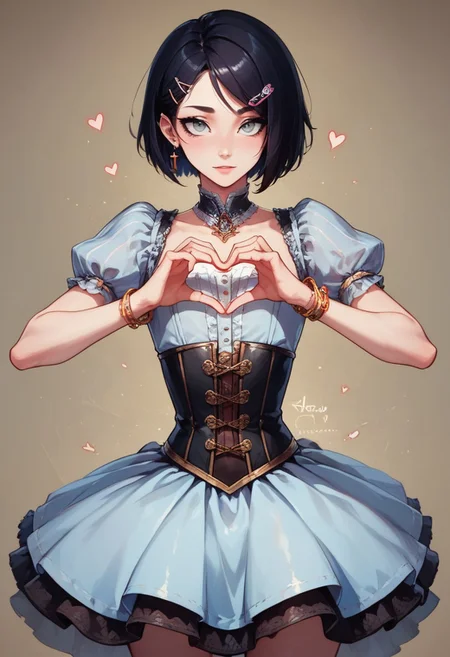 score_9, score_8_up, score_7_up, 1boy, femboy, otoko no ko, short hair, bob cut hair, black hair, grey eyes, gray eyes, feminine face, toned body, Shelly,
lace corset and skirt, embroidered cutouts, earrings, bracelets, ornate hairclip,
highly detailed, intricate, zzCitronCAT, contrapposto, heart hands, modelshoot, complex background