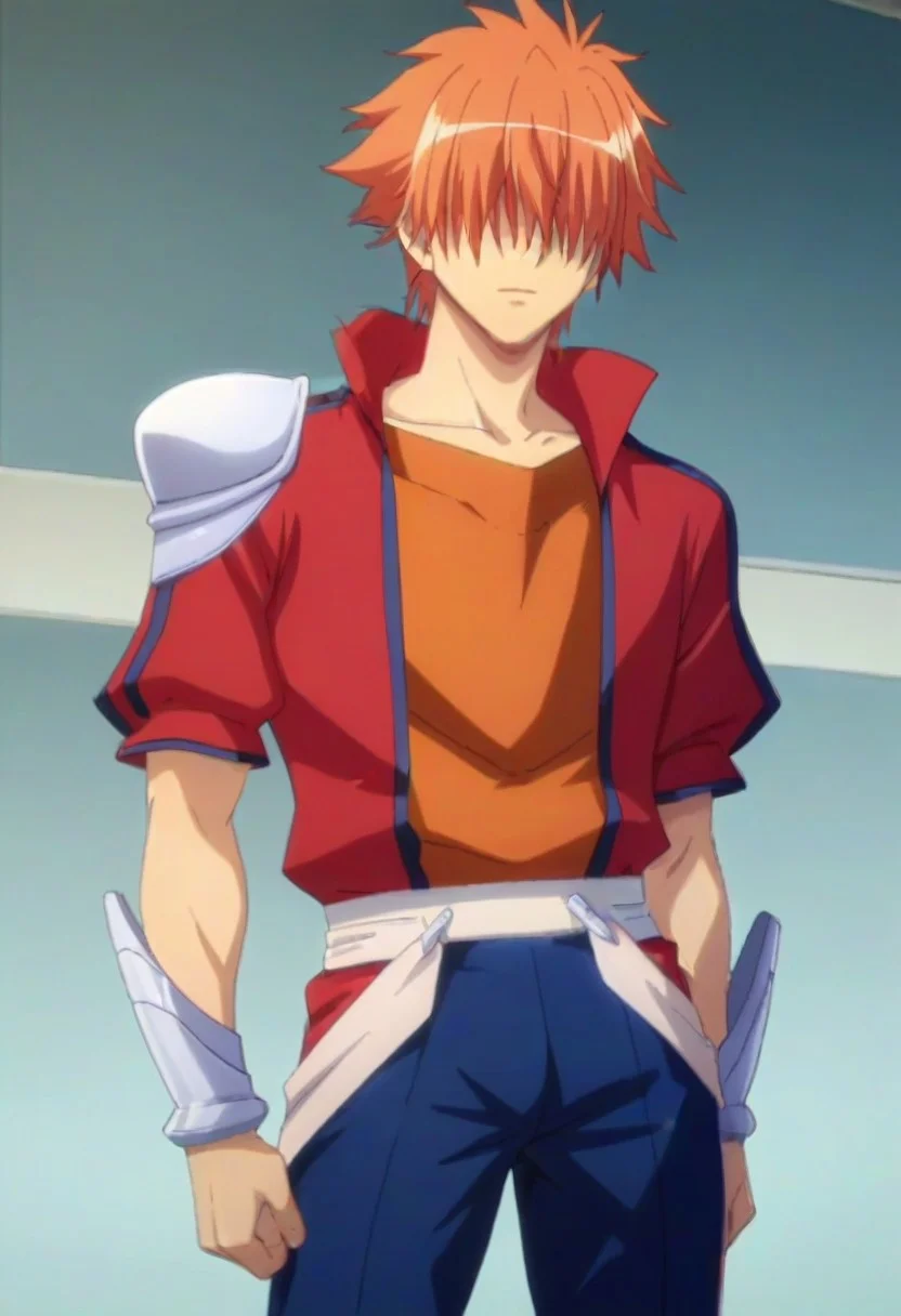 ((masterpiece)), ((best quality)), ((ultra-detailed)), score_9_up, score_8_up, score_7_up, HD, top quality, best quality, High-quality illustrations, anime screencap, perfect anatomy, 1boy, 1male, male anime character, anime boy, solo male, male focus, Ryuuto Henge, orange hair, long bangs, hidden eyes, long red jacket, orange shirt, silver arm gauntlets, blue pants, silver boots, lean body, slender body, slim body, tall, tall body, tall height